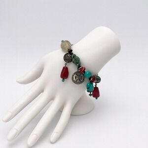Treska Handcrafted Beaded Charm Bracelet Boho Red Turquoise Coin Dangle‎ Jewelry
